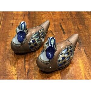 Lot of (2) Vintage Tonala Mexican Brass Encased Painted Pottery Ceramic Ducks